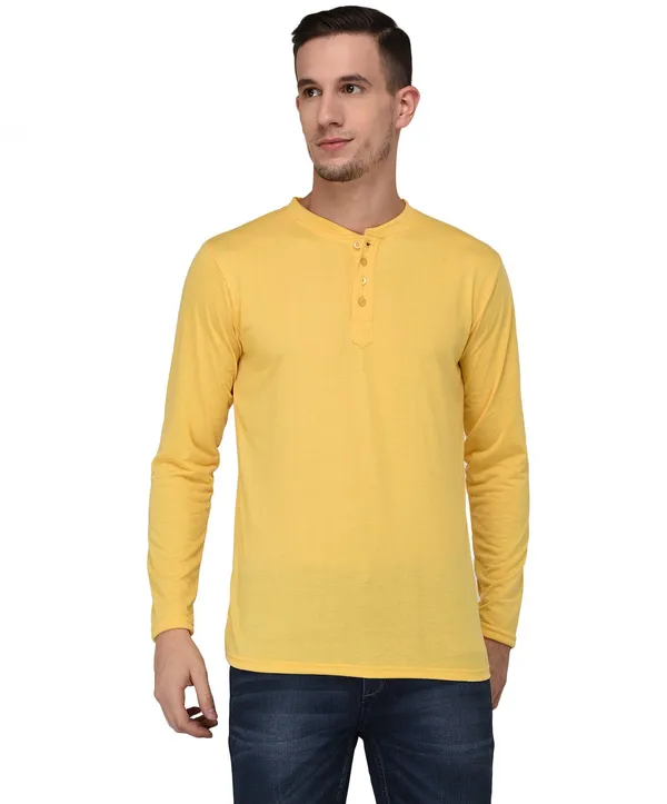 Yellow_Cotton_Solid_Henley_Neck_Regukar_Fit_T-Shirt_For_Men