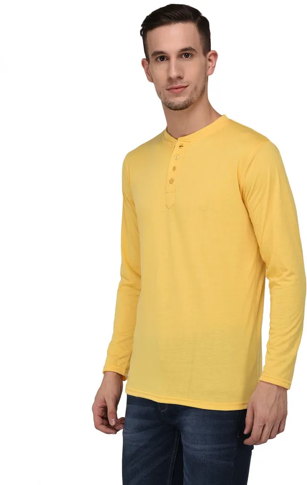 Yellow_Cotton_Solid_Henley_Neck_Regukar_Fit_T-Shirt_For_Men