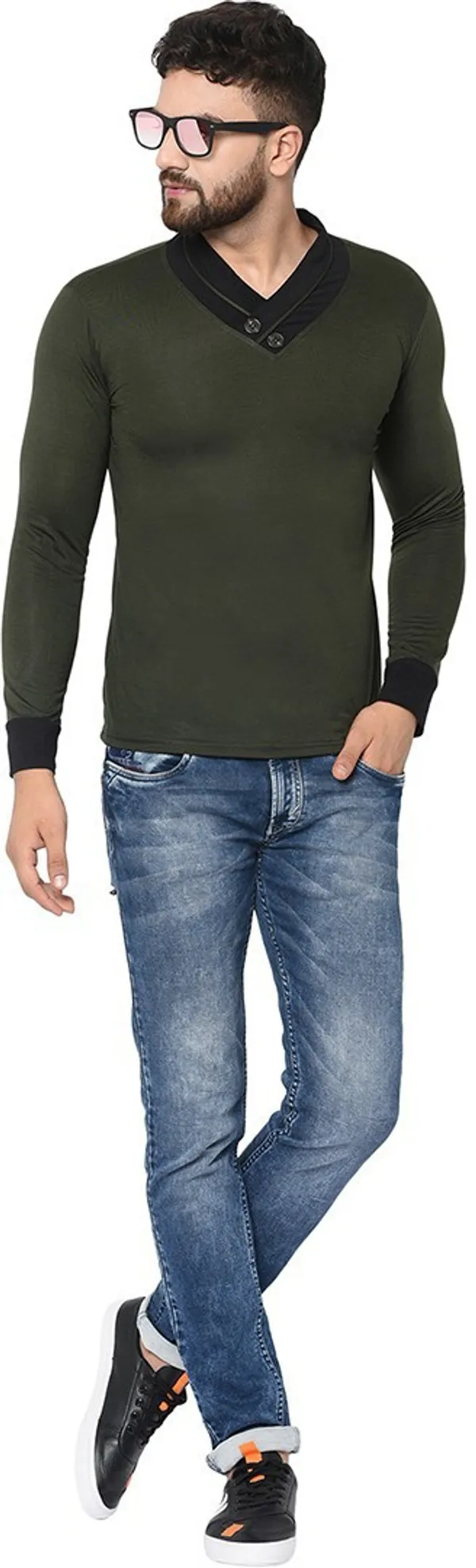 Dark_Green_Solid_Cotton_Shawl_Neck_T-Shirt_for_Men_|_Regular_Fit