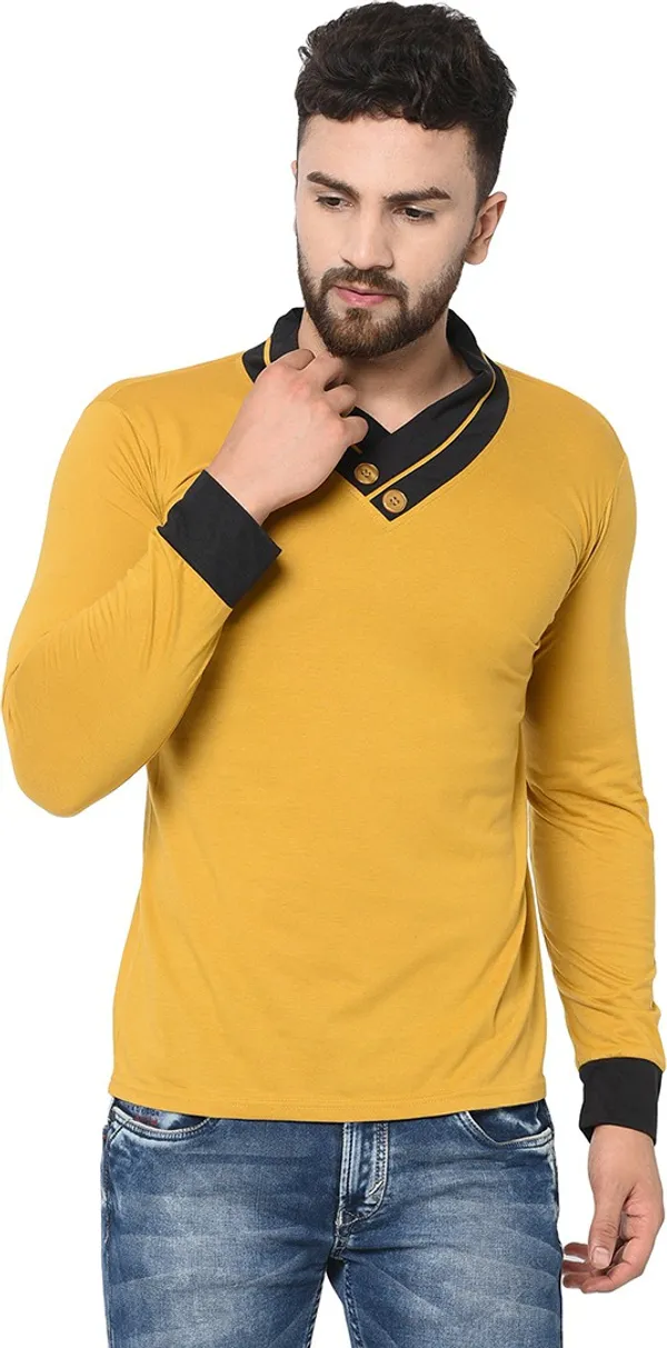 Yellow_Cotton_Solid_Men_Shawl_Neck_Regukar_Fit_T-Shirt_For_Men