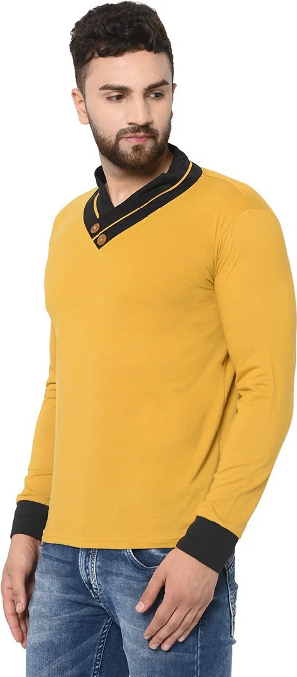 Yellow_Cotton_Solid_Men_Shawl_Neck_Regukar_Fit_T-Shirt_For_Men