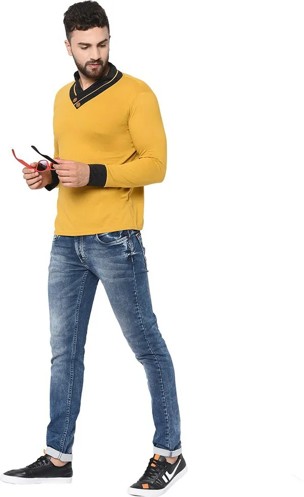 Yellow_Cotton_Solid_Men_Shawl_Neck_Regukar_Fit_T-Shirt_For_Men
