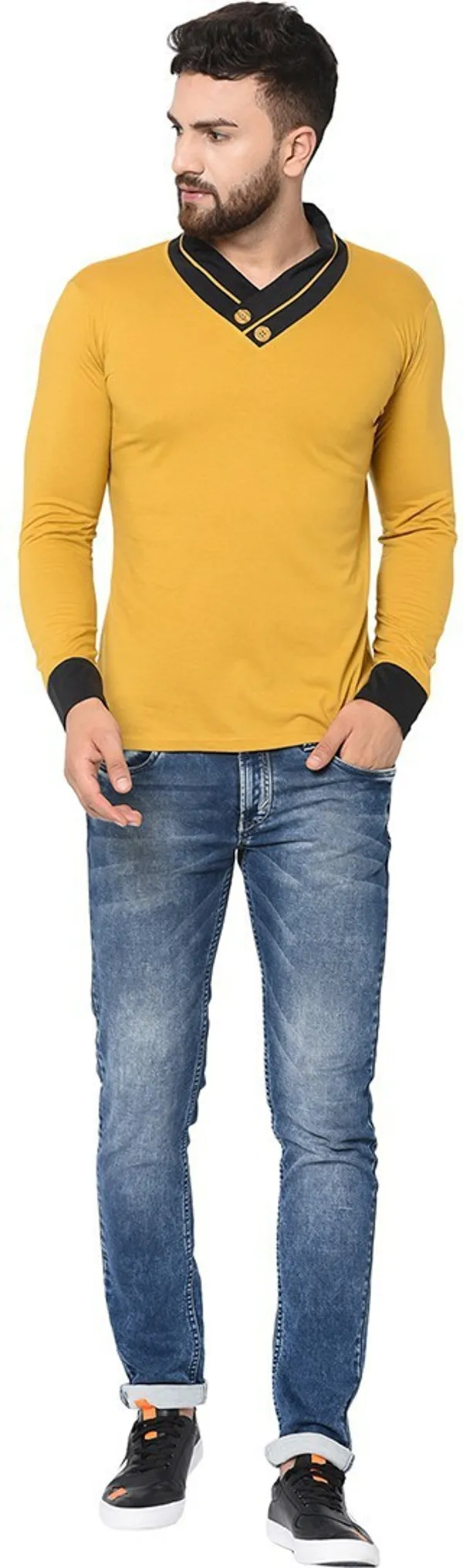 Yellow_Cotton_Solid_Men_Shawl_Neck_Regukar_Fit_T-Shirt_For_Men