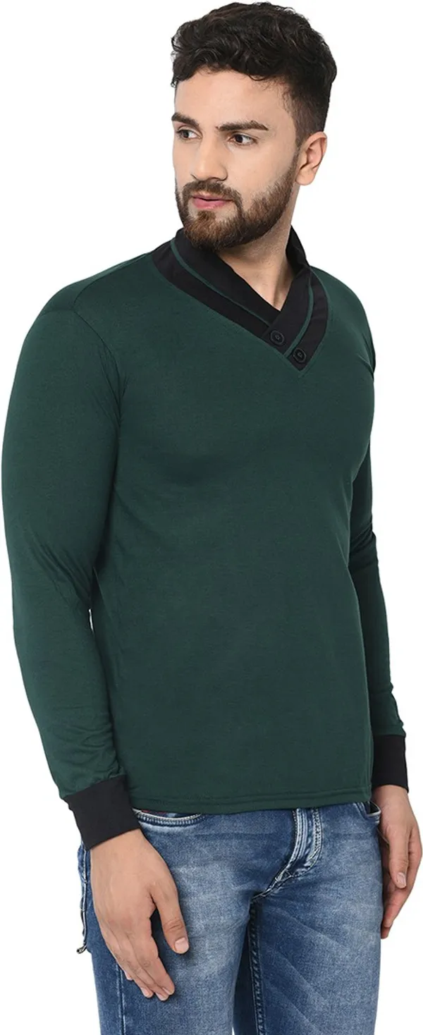 Dark_Green_Cotton_Solid_Shawl_Neck_Regukar_Fit_T-Shirt_For_Men