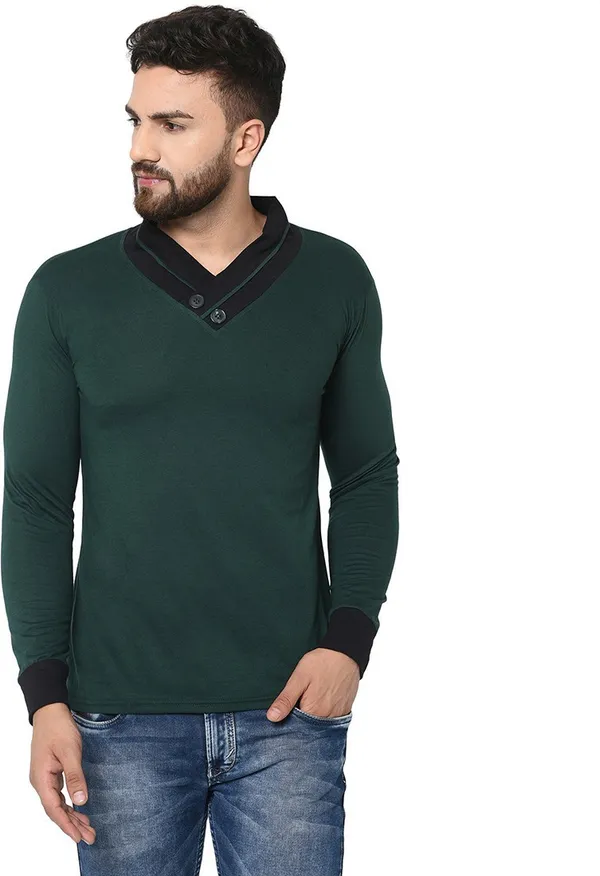 Dark_Green_Cotton_Solid_Shawl_Neck_Regukar_Fit_T-Shirt_For_Men