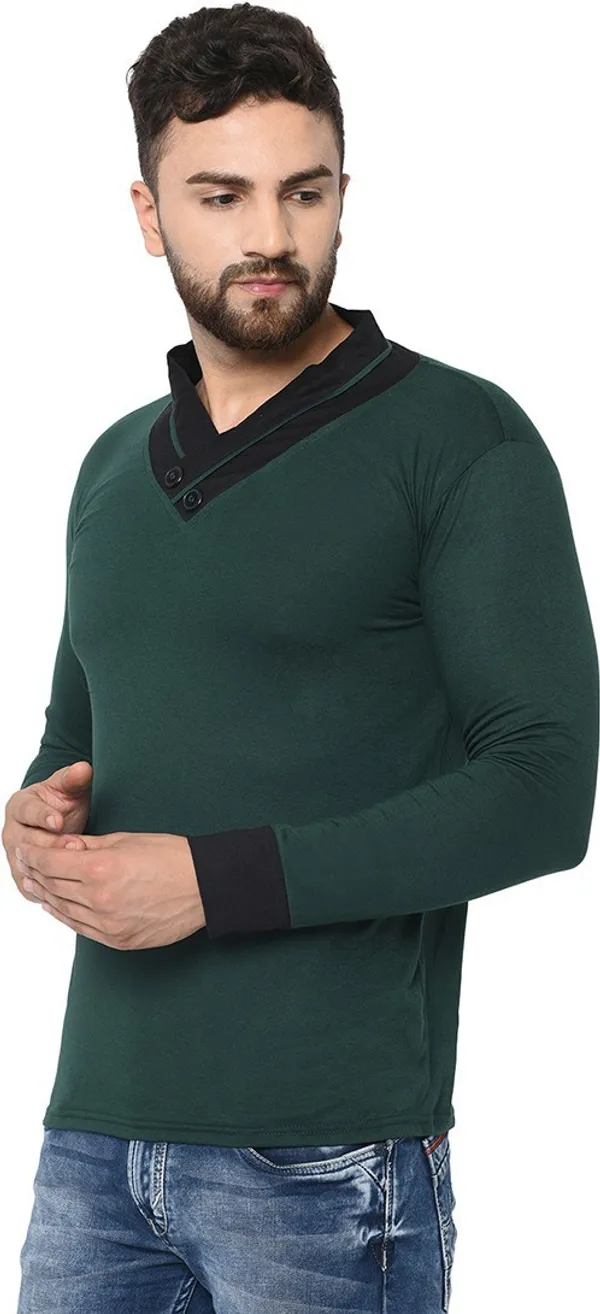 Dark_Green_Cotton_Solid_Shawl_Neck_Regukar_Fit_T-Shirt_For_Men