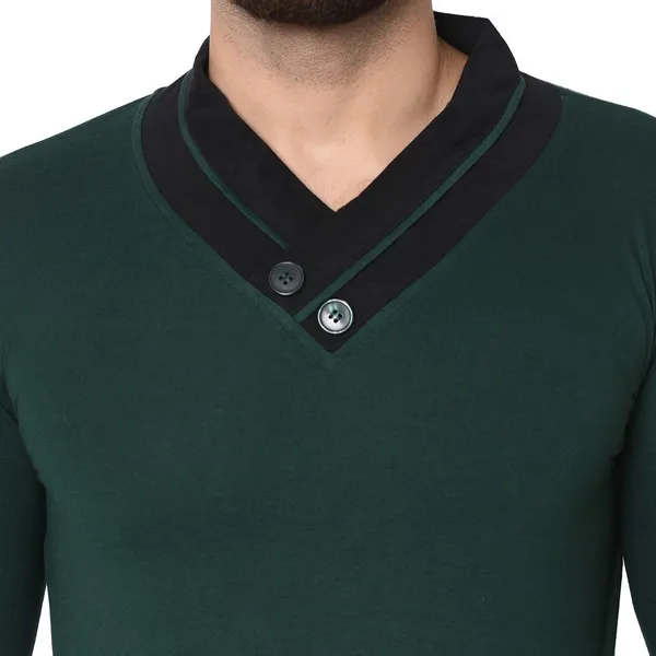 Dark_Green_Cotton_Solid_Shawl_Neck_Regukar_Fit_T-Shirt_For_Men