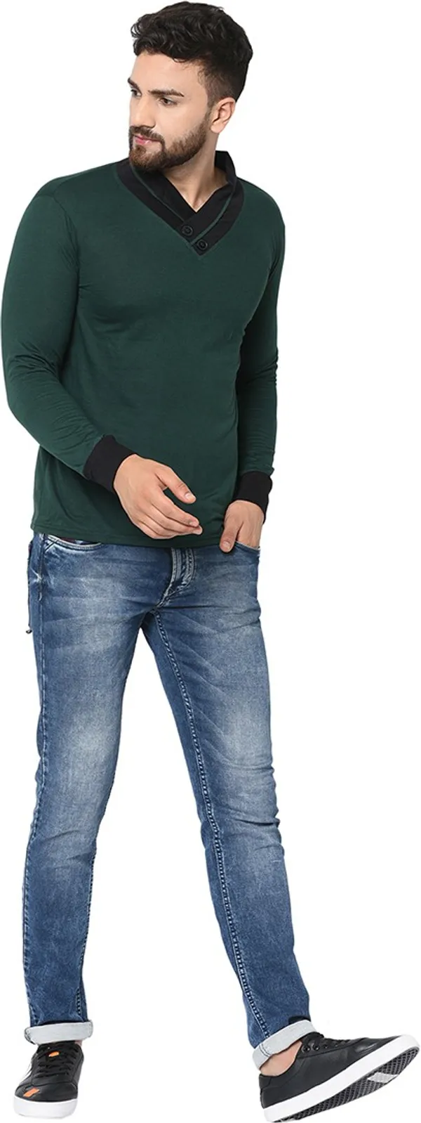 Dark_Green_Cotton_Solid_Shawl_Neck_Regukar_Fit_T-Shirt_For_Men