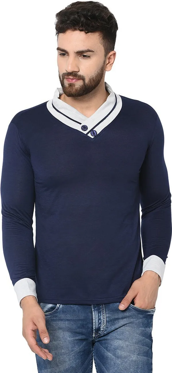 Blue_Cotton_Solid_Men_Shawl_Neck_Regukar_Fit_T-Shirt_For_Men
