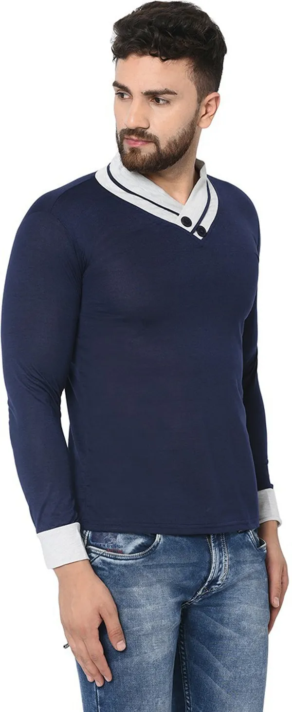 Blue_Cotton_Solid_Men_Shawl_Neck_Regukar_Fit_T-Shirt_For_Men