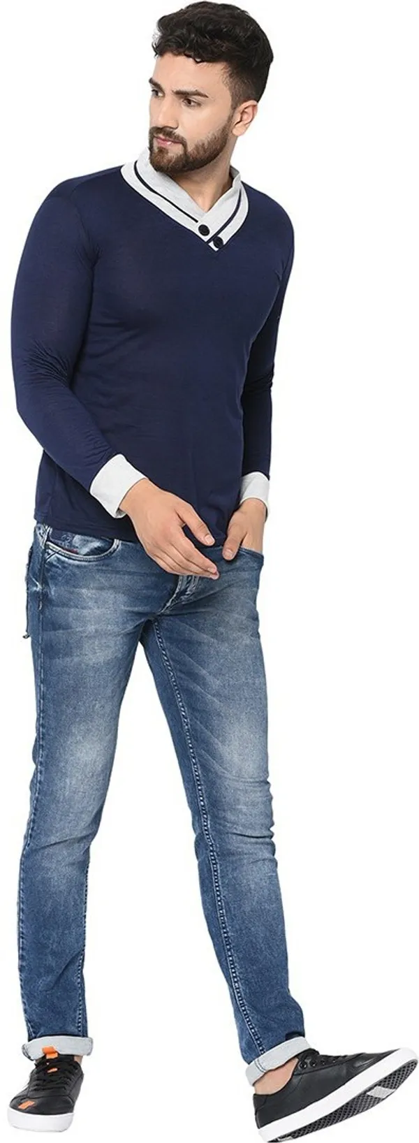Blue_Cotton_Solid_Men_Shawl_Neck_Regukar_Fit_T-Shirt_For_Men