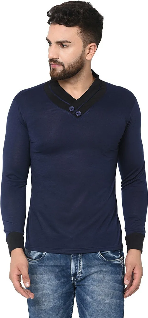 Dark_Blue_Cotton_Solid_Shawl_Neck_Regukar_Fit_T-Shirt_For_Men