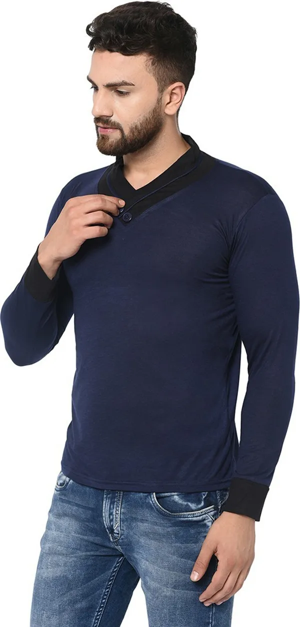 Dark_Blue_Cotton_Solid_Shawl_Neck_Regukar_Fit_T-Shirt_For_Men