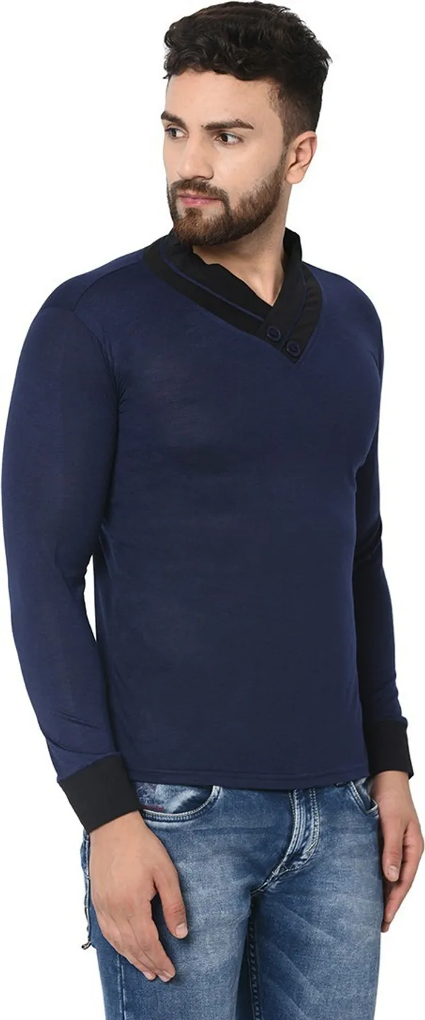 Dark_Blue_Cotton_Solid_Shawl_Neck_Regukar_Fit_T-Shirt_For_Men