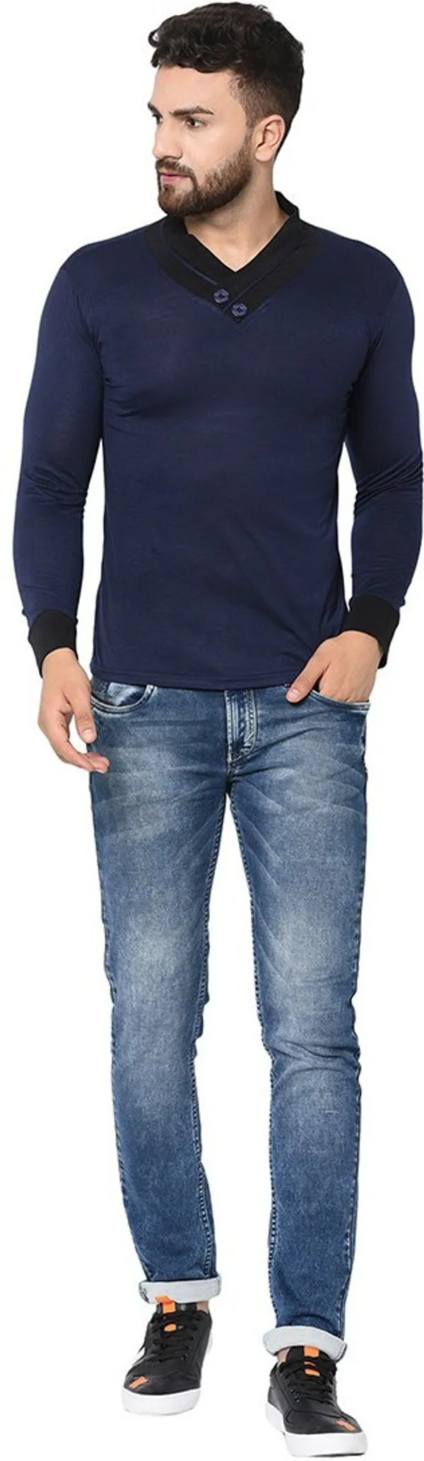Dark_Blue_Cotton_Solid_Shawl_Neck_Regukar_Fit_T-Shirt_For_Men