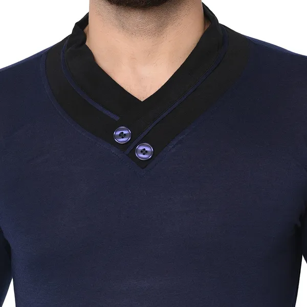Dark_Blue_Cotton_Solid_Shawl_Neck_Regukar_Fit_T-Shirt_For_Men