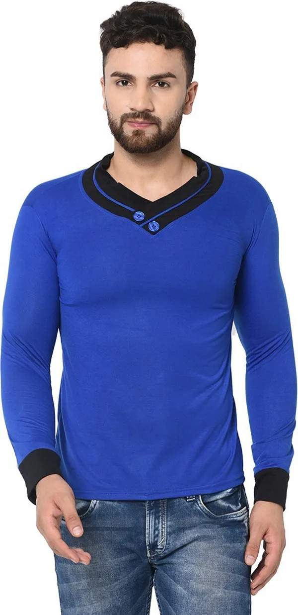 Dark_Blue_Cotton_Solid_Shawl_Neck_Regukar_Fit_T-Shirt_For_Men