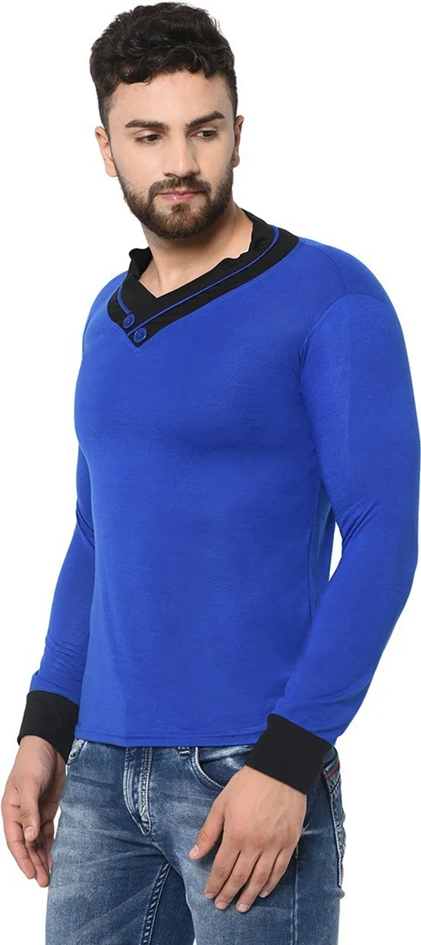 Dark_Blue_Cotton_Solid_Shawl_Neck_Regukar_Fit_T-Shirt_For_Men
