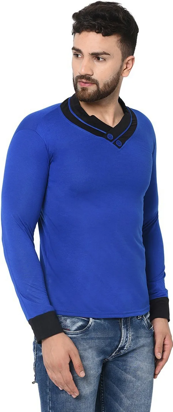 Dark_Blue_Cotton_Solid_Shawl_Neck_Regukar_Fit_T-Shirt_For_Men