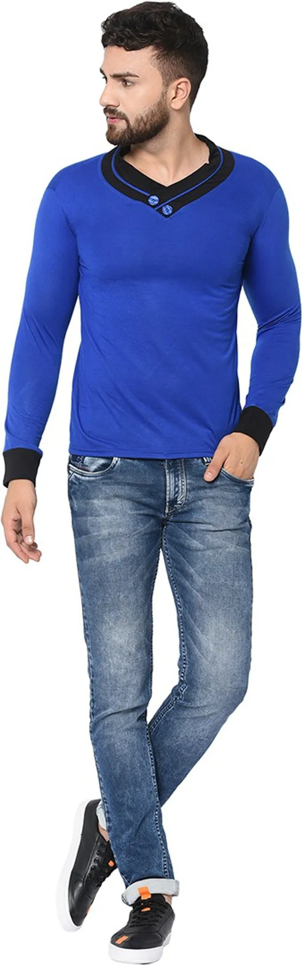 Dark_Blue_Cotton_Solid_Shawl_Neck_Regukar_Fit_T-Shirt_For_Men