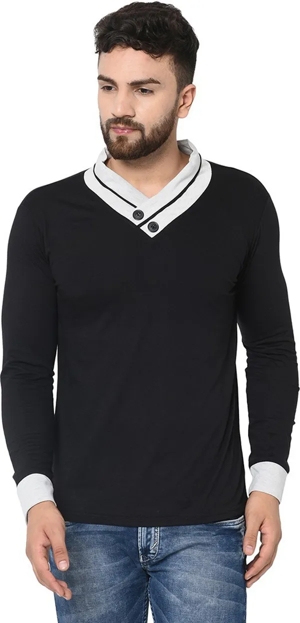 Black_Cotton_Solid_Shawl_Neck_Regukar_Fit_T-Shirt_For_Men