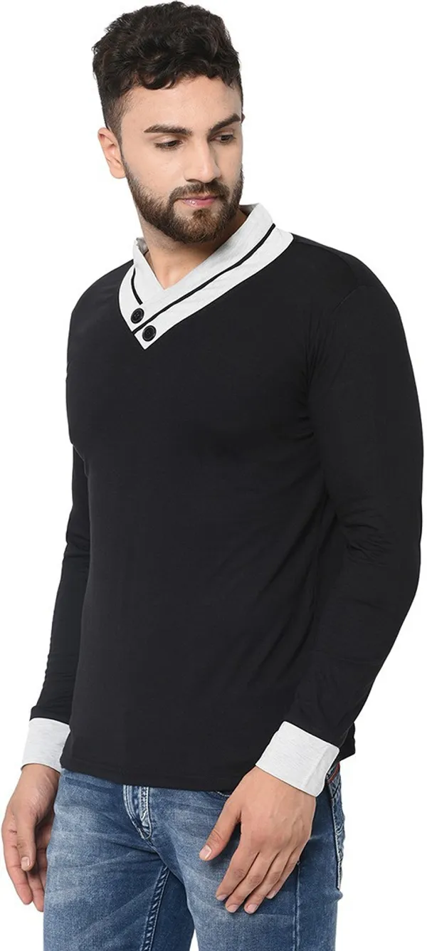 Black_Cotton_Solid_Shawl_Neck_Regukar_Fit_T-Shirt_For_Men