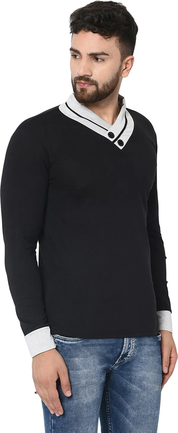 Black_Cotton_Solid_Shawl_Neck_Regukar_Fit_T-Shirt_For_Men