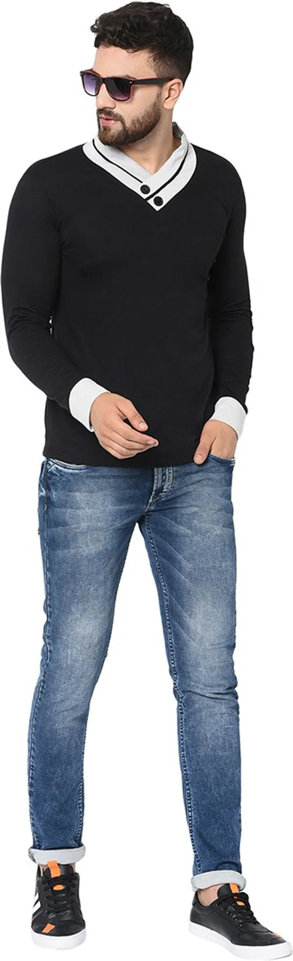 Black_Cotton_Solid_Shawl_Neck_Regukar_Fit_T-Shirt_For_Men