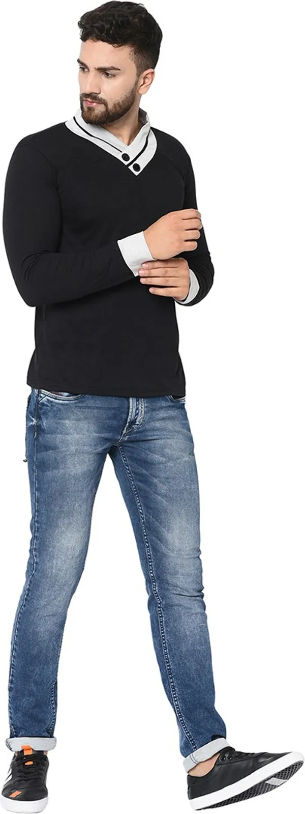 Black_Cotton_Solid_Shawl_Neck_Regukar_Fit_T-Shirt_For_Men
