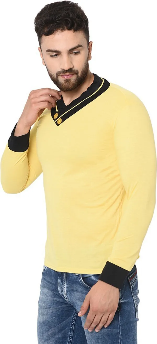 Yellow_Cotton_Solid_Shawl_Neck_Regukar_Fit_T-Shirt_For_Men