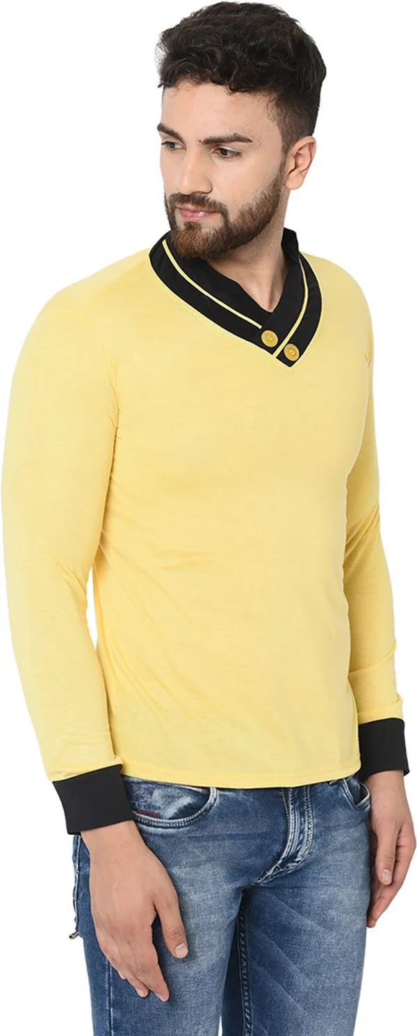 Yellow_Cotton_Solid_Shawl_Neck_Regukar_Fit_T-Shirt_For_Men