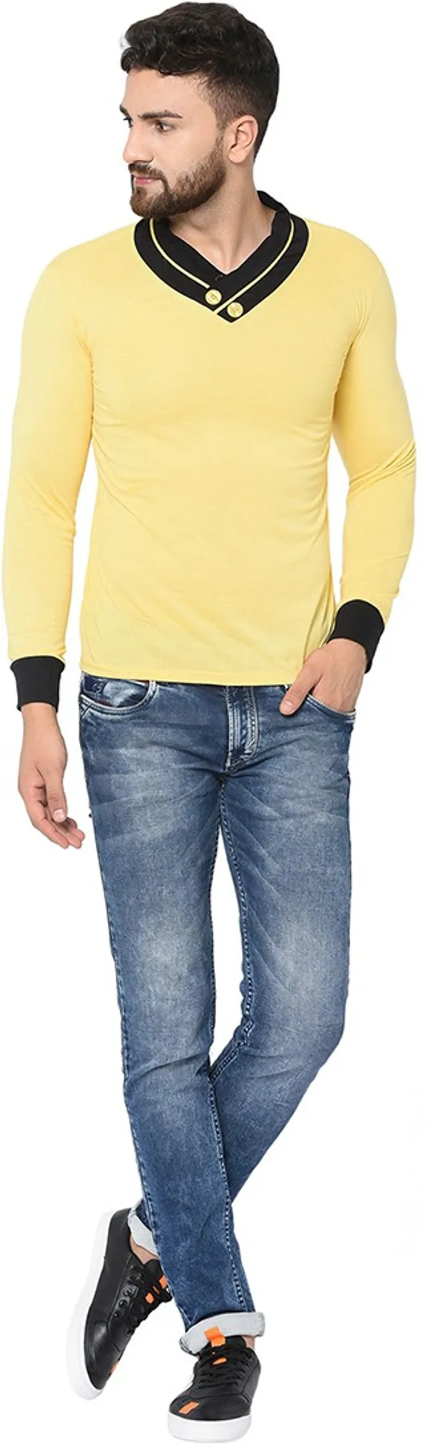 Yellow_Cotton_Solid_Shawl_Neck_Regukar_Fit_T-Shirt_For_Men