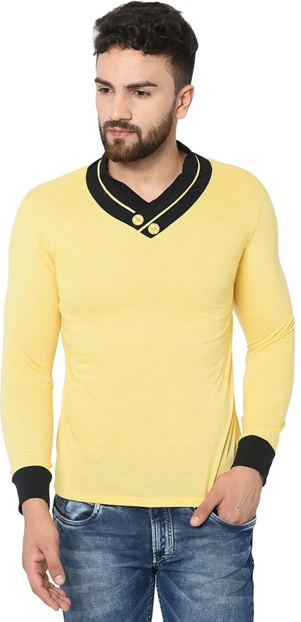 Yellow_Cotton_Solid_Shawl_Neck_Regukar_Fit_T-Shirt_For_Men