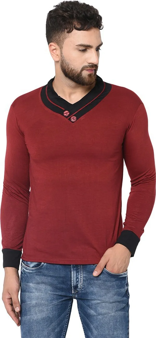 Maroon_Cotton_Solid_Shawl_Neck_Regukar_Fit_T-Shirt_For_Men