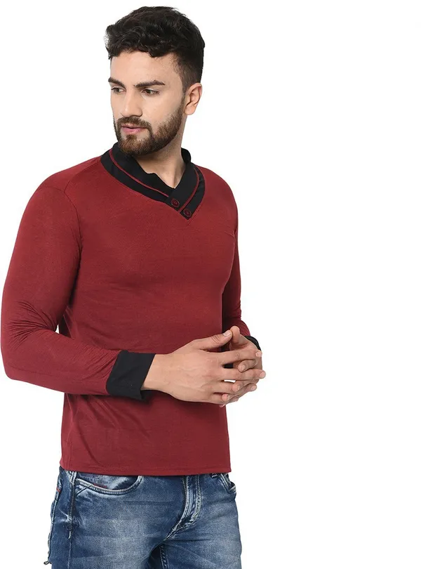 Maroon_Cotton_Solid_Shawl_Neck_Regukar_Fit_T-Shirt_For_Men