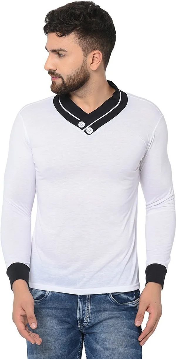 White_Cotton_Solid_Shawl_Neck_Regukar_Fit_T-Shirt_For_Men