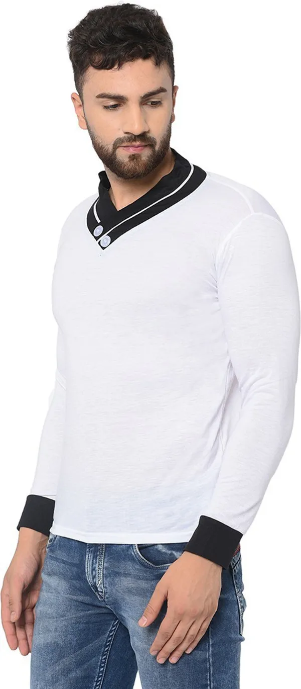 White_Cotton_Solid_Shawl_Neck_Regukar_Fit_T-Shirt_For_Men