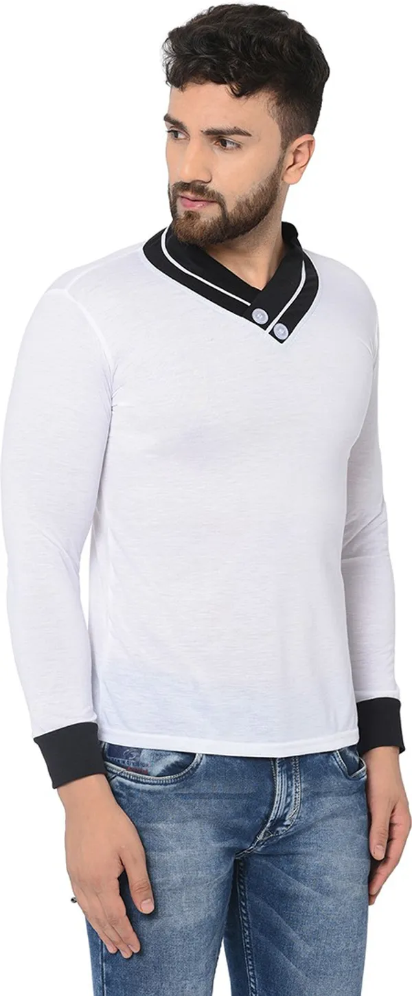White_Cotton_Solid_Shawl_Neck_Regukar_Fit_T-Shirt_For_Men