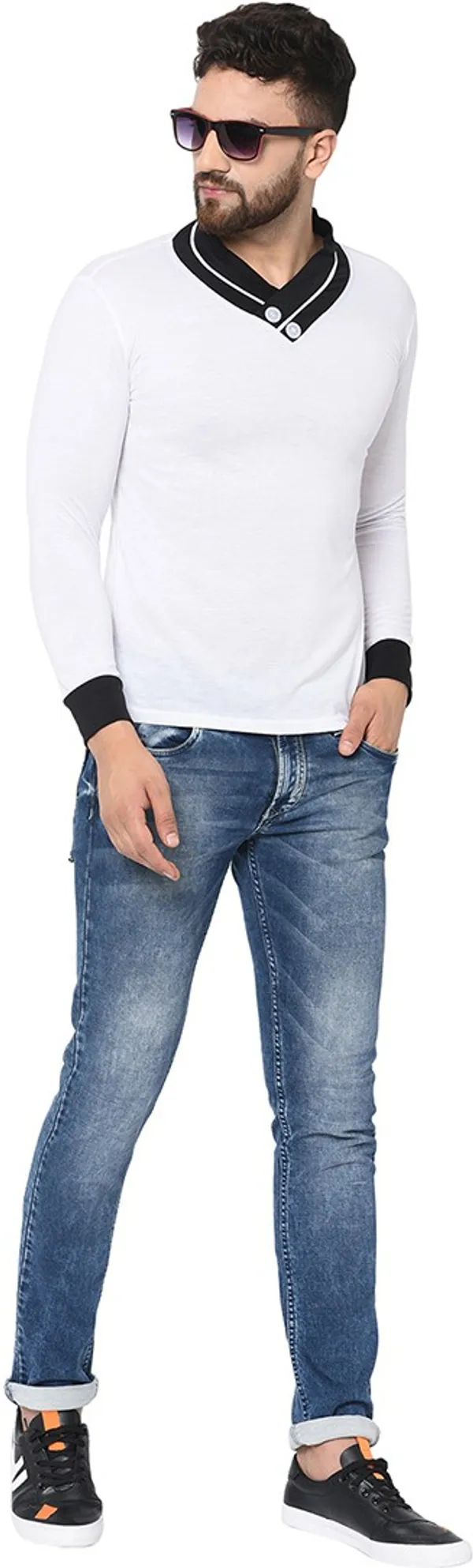 White_Cotton_Solid_Shawl_Neck_Regukar_Fit_T-Shirt_For_Men