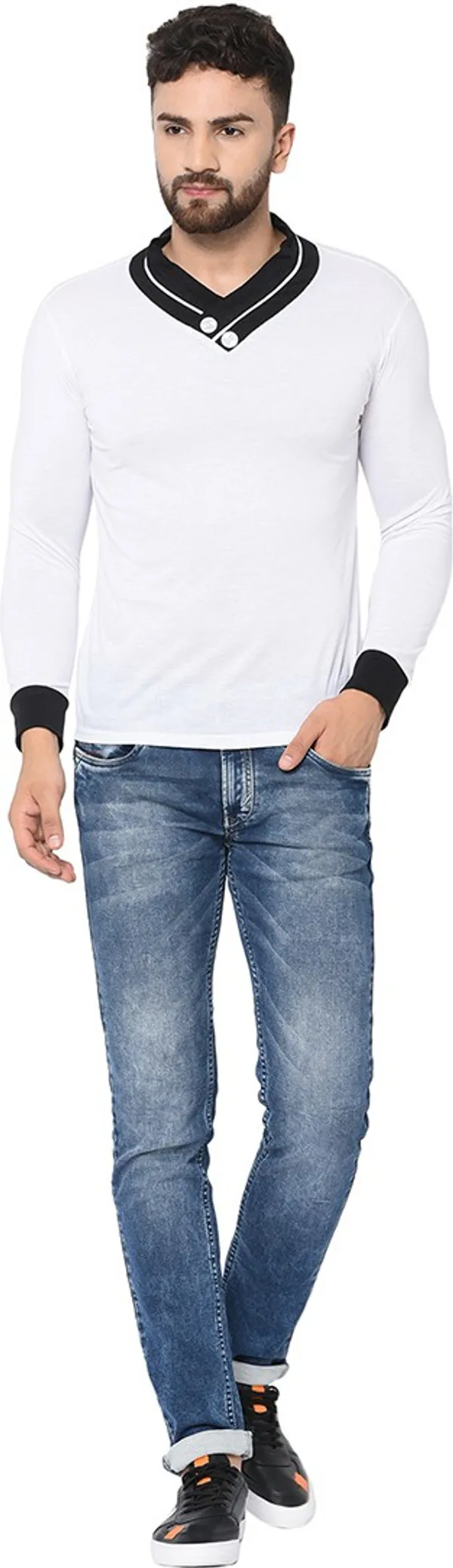 White_Cotton_Solid_Shawl_Neck_Regukar_Fit_T-Shirt_For_Men