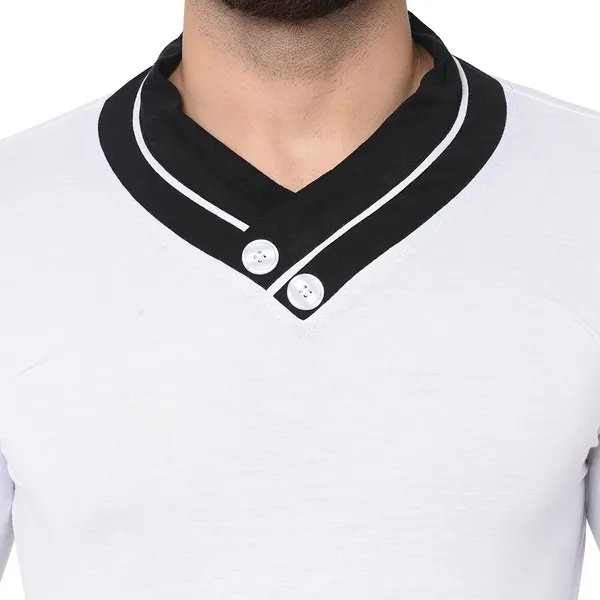 White_Cotton_Solid_Shawl_Neck_Regukar_Fit_T-Shirt_For_Men