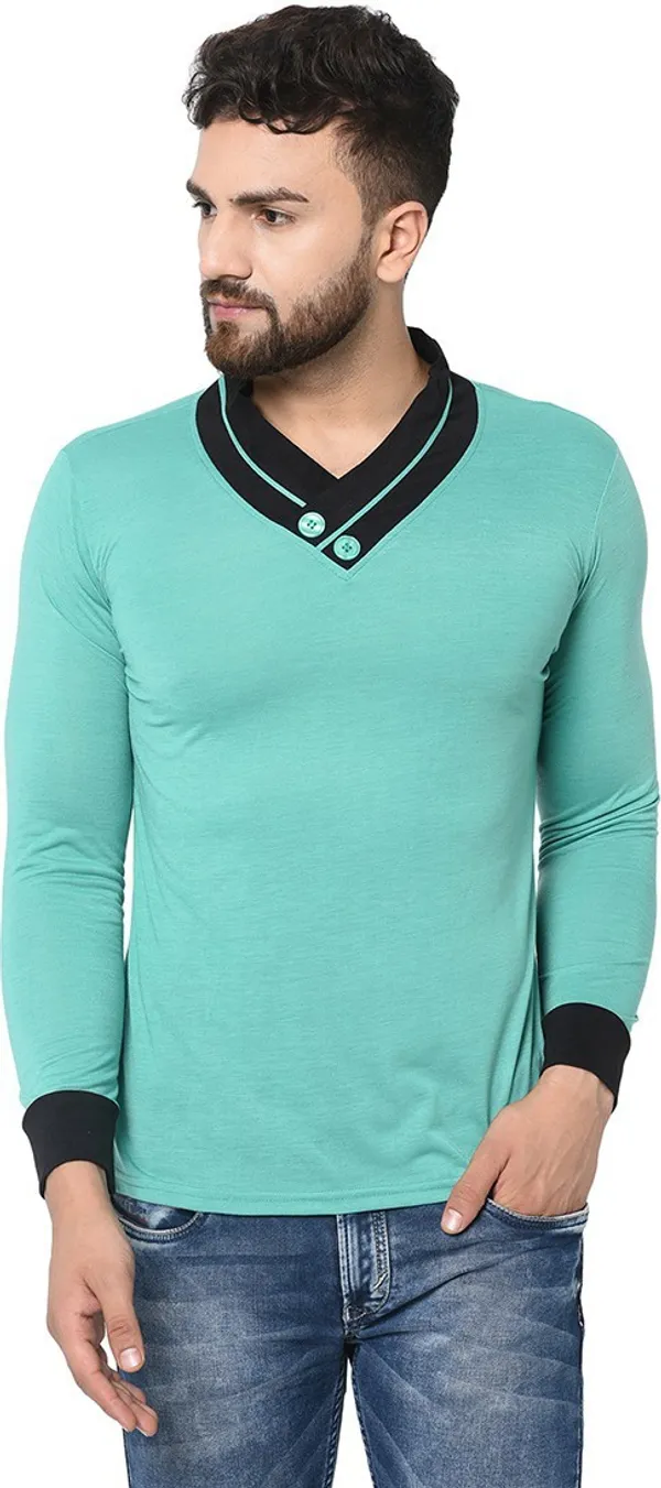 Light_Green_Cotton_Solid_Shawl_Neck_Regukar_Fit_T-Shirt_For_Men