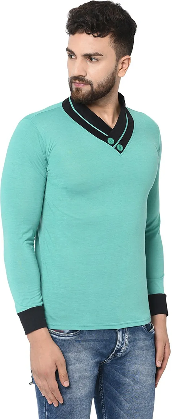 Light_Green_Cotton_Solid_Shawl_Neck_Regukar_Fit_T-Shirt_For_Men