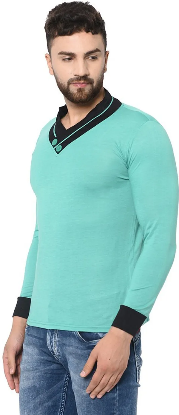 Light_Green_Cotton_Solid_Shawl_Neck_Regukar_Fit_T-Shirt_For_Men