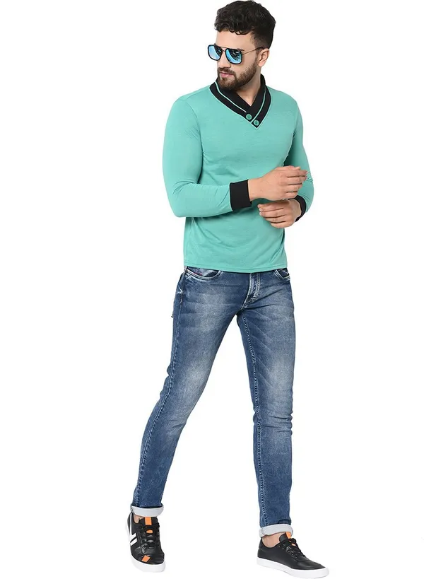 Light_Green_Cotton_Solid_Shawl_Neck_Regukar_Fit_T-Shirt_For_Men