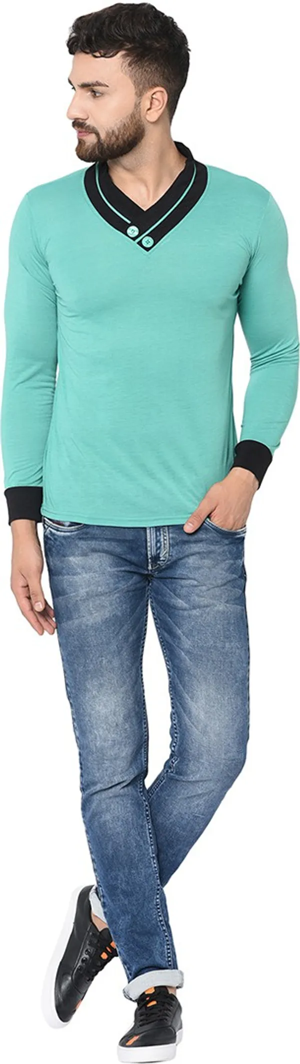 Light_Green_Cotton_Solid_Shawl_Neck_Regukar_Fit_T-Shirt_For_Men