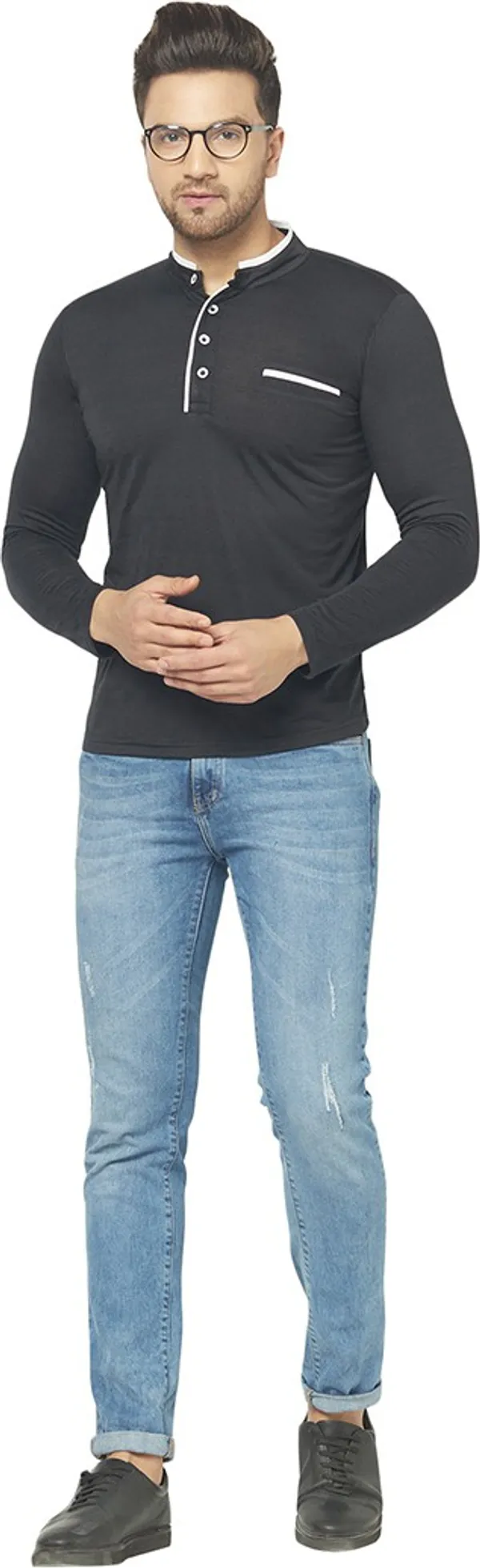 Black_Cotton_Solid_Henley_Neck_Regukar_Fit_T-Shirt_For_Men