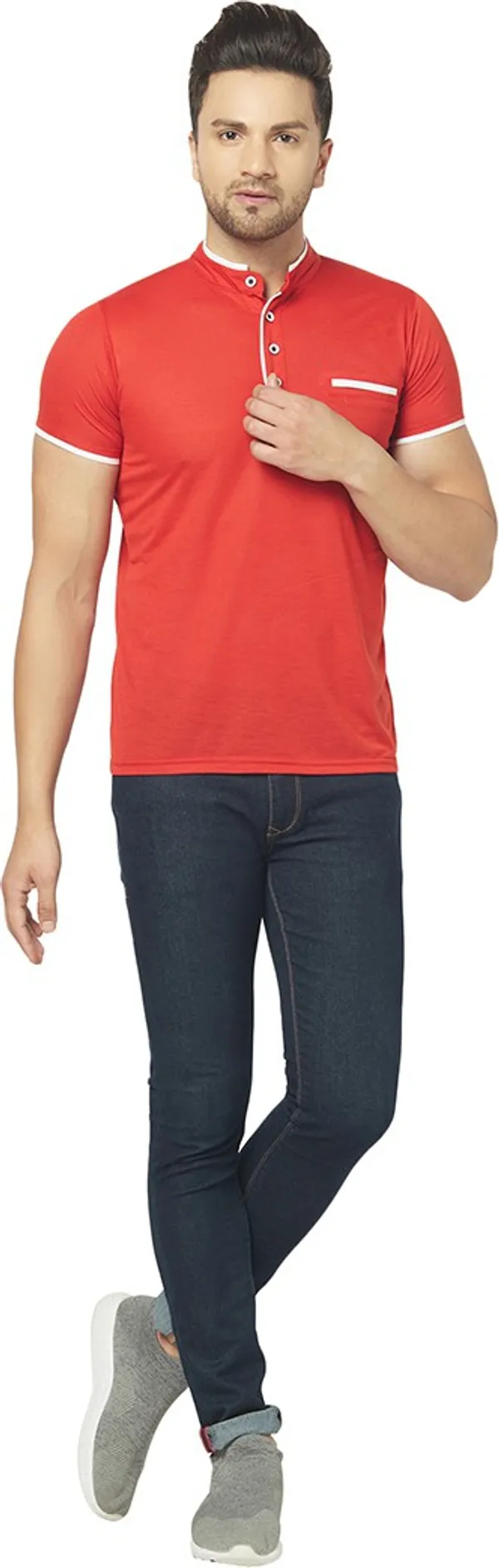 Red__Cotton_Solid_Henley_Neck__Regukar_Fit_T-Shirt_For_Men