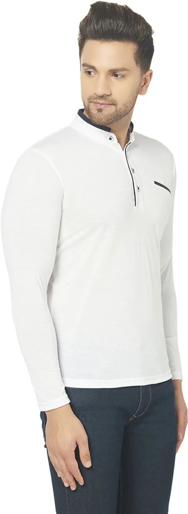 White_Cotton_Solid_Henley_Neck_Regukar_Fit_T-Shirt_For_Men