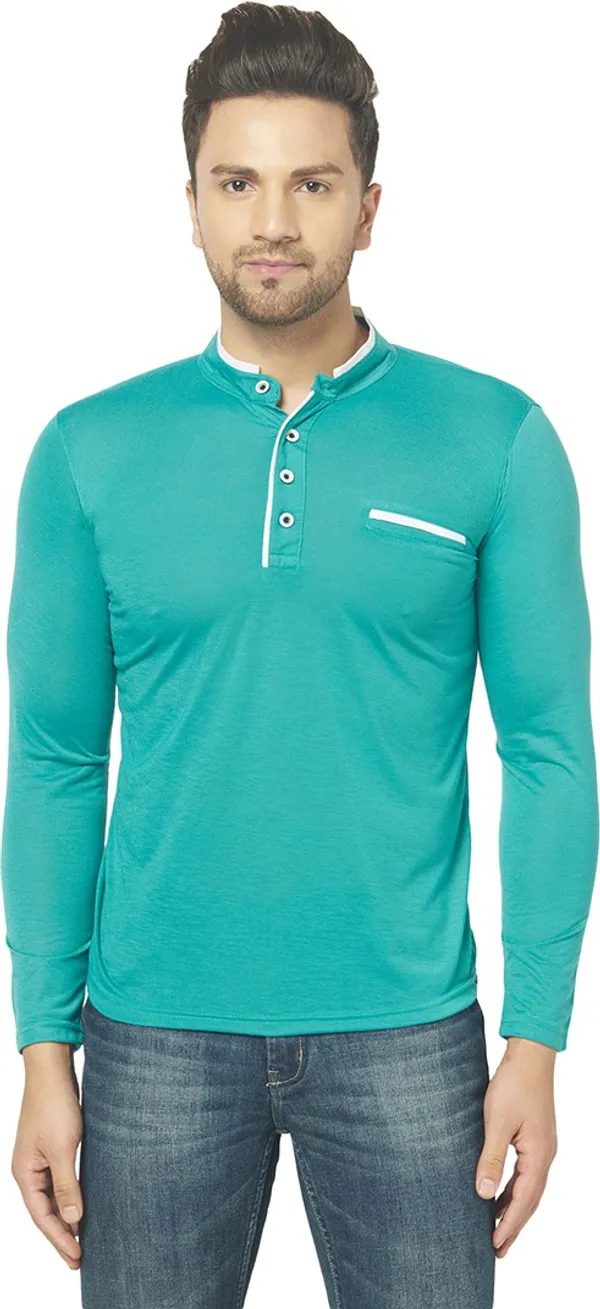 Light_Green_Cotton_Solid_Henley_Neck_Regukar_Fit_T-Shirt_For_Men